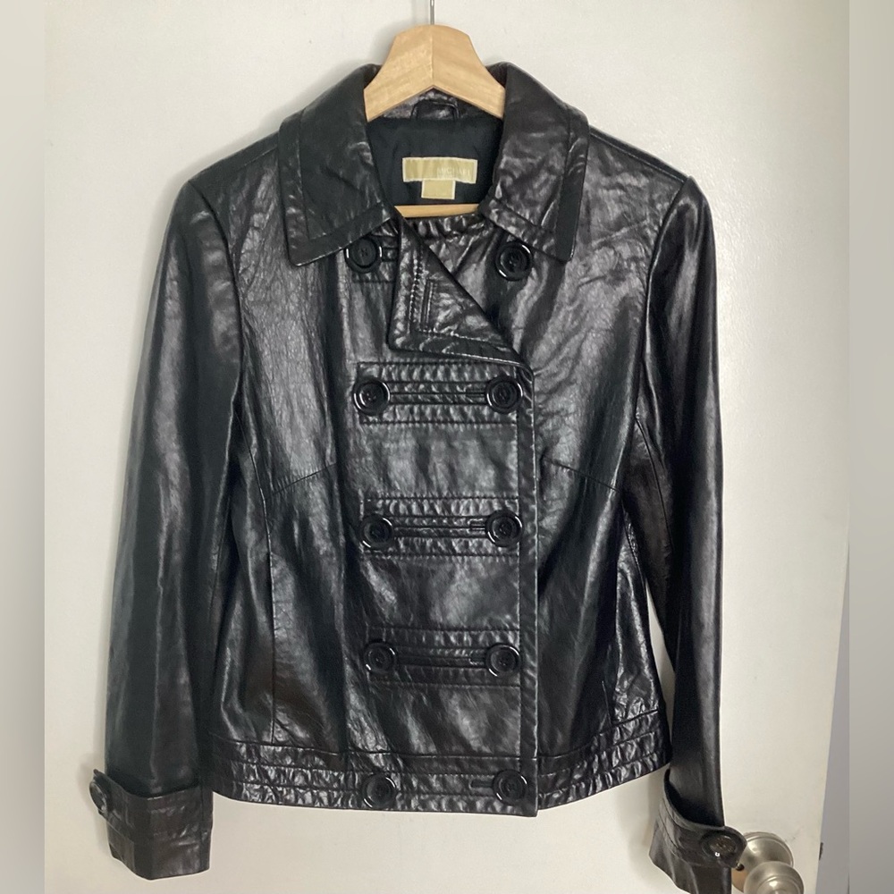 Michael Kors Double-Breasted Black Genuine Leather Jacket S